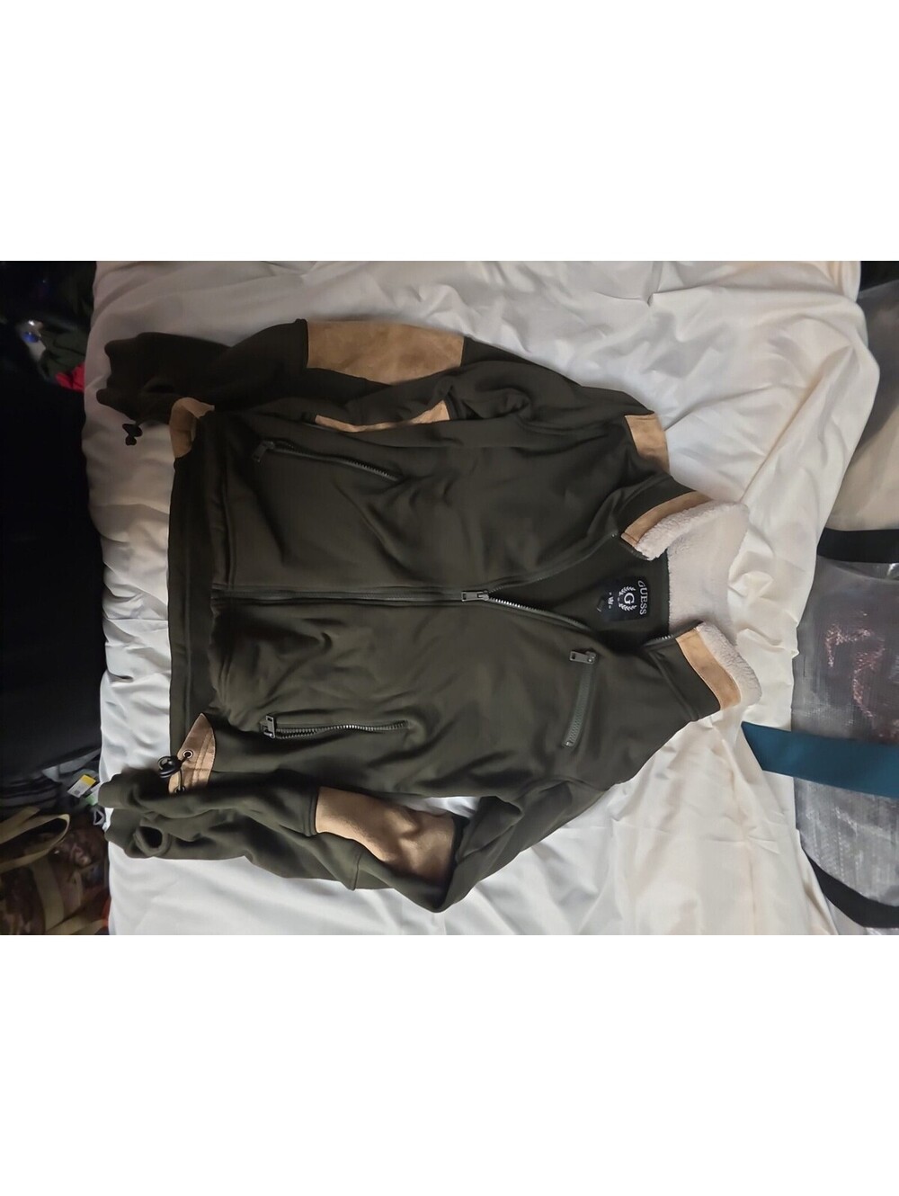 Guess Olive Green Full Zip Fleece Jacket With Suede Trim and Sherpa Collar